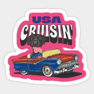 Humorous funny and cute black lab is driving a vintage car through the USA tee Sticker